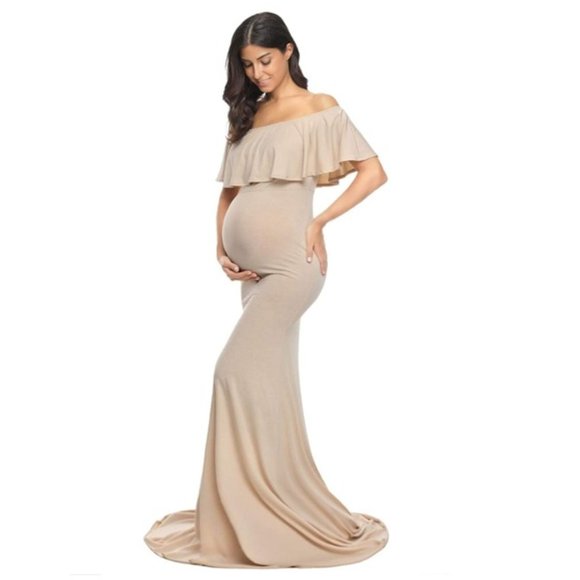 Glampunch Dresses & Skirts - Off Shoulder Maternity Dress Ruffles Stretchy Slim Fit Gown Maxi Photoshoot
